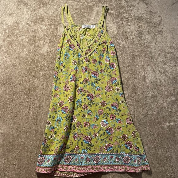 Zara Dress Womens Sz Large Mini Green Sleeveless Summer Floral Romantic - Picture 1 of 6